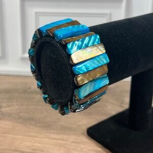 Vintage Mother of Pearl Shell Stretch Bracelet Women Turquoise Brown Bar
